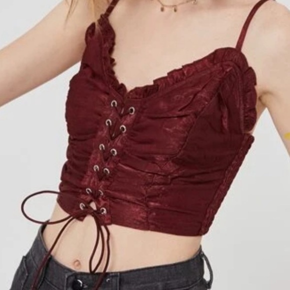 SHEIN Privé Plus Frill Hem Lace Up Burgundy Cami Top Size Large - Picture 1 of 9